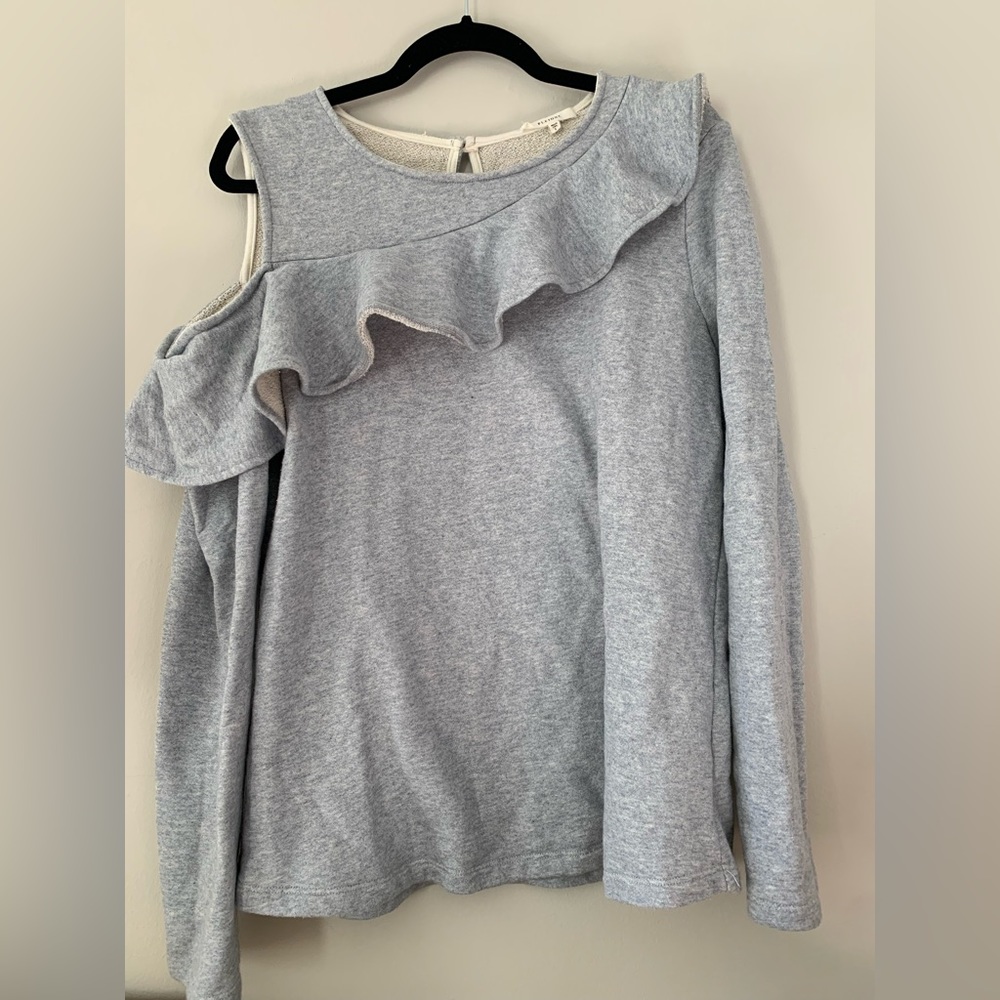 Grey Ruffle Cold Shoulder Sweater